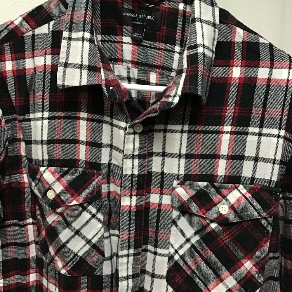 Banana Republic Mens Flannel Shirt Large Burgundy Plaid Button Down